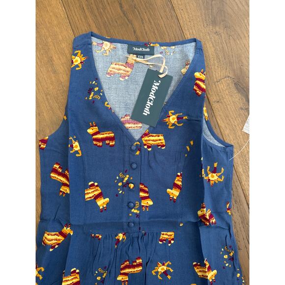 Modcloth Pinata Llama Sleeveless V-Neck Button Front Tunic Top Blue XXS NWT - Picture 4 of 9